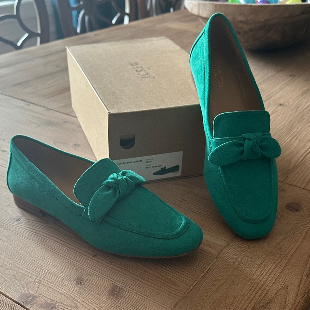 J. Crew Green Suede Loafers with Bow